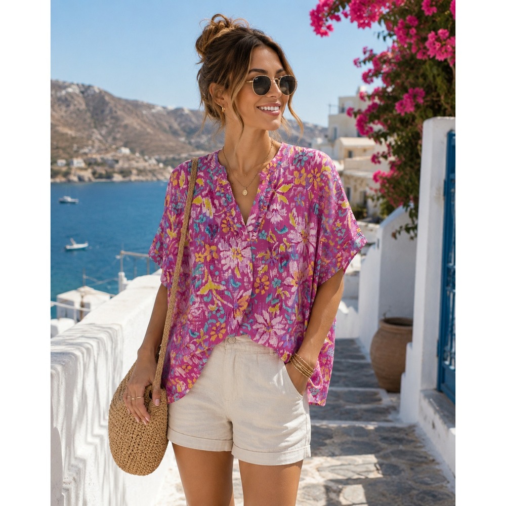 Emily Wonder Top Pink V Neck Short Sleeve Oversized NWT Womens Size Medium